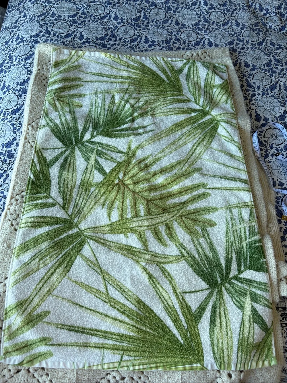 Pottery Barn pair of Green Palm Leaf hand towels coastal grandma tropical beach